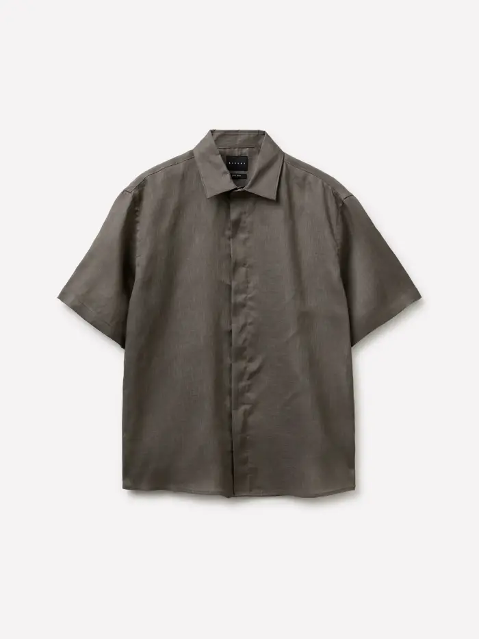 Sisley Camicia A Manica Corta 100% Lino, Uomo, Marrone Scuro
