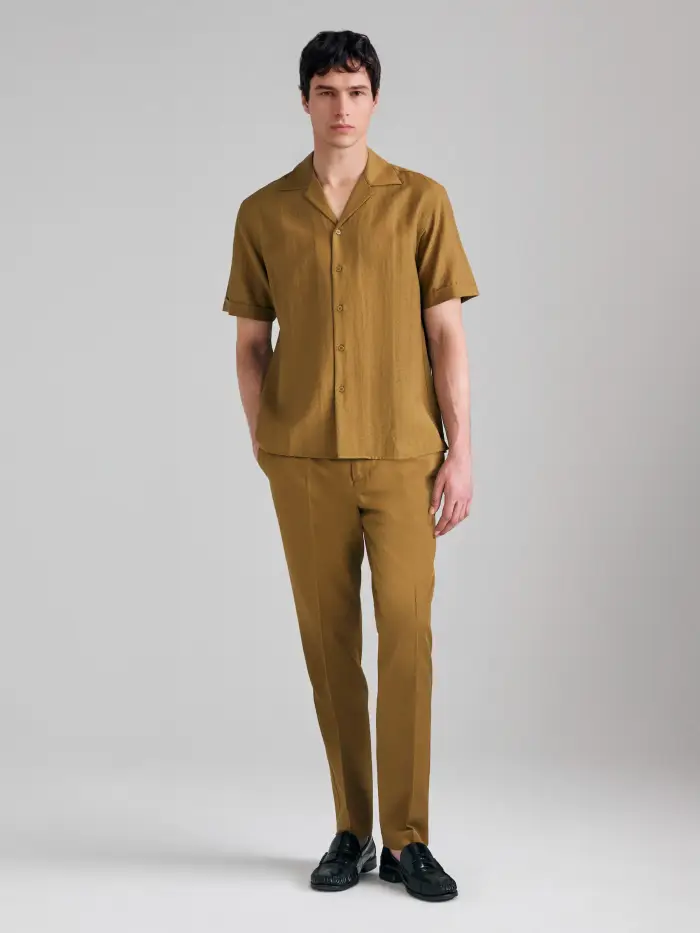Sisley Camicia A Manica Corta In Misto Lino, Uomo, Cammello