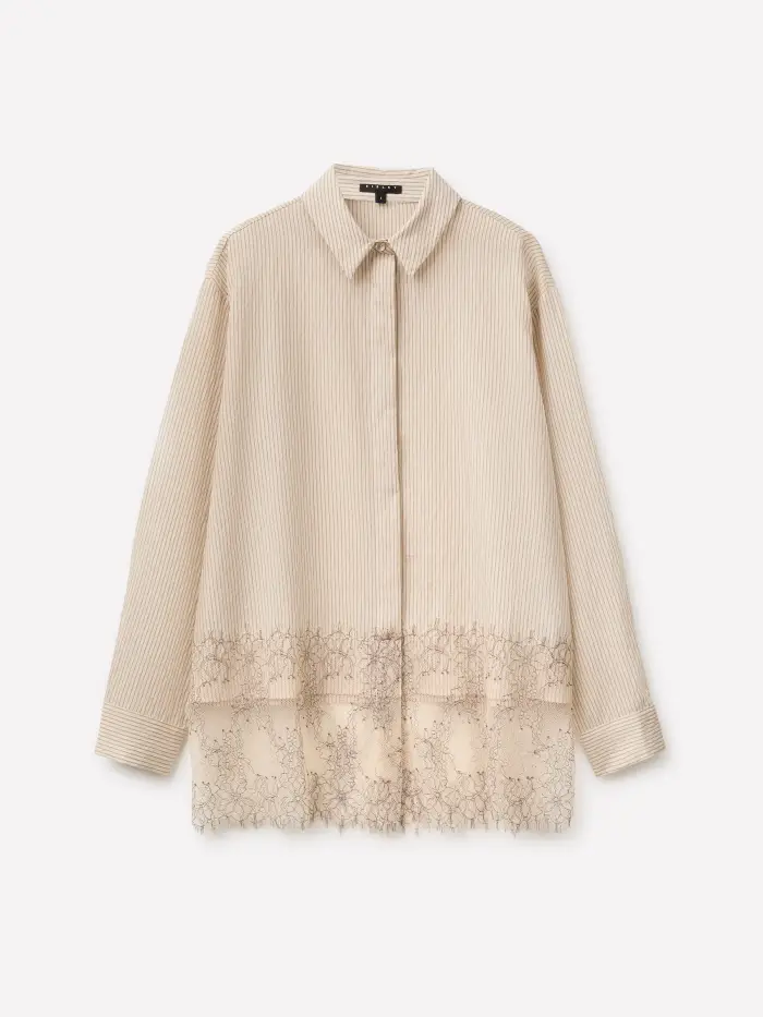 Sisley Camicia A Righe Con Pizzo, Donna, Beige