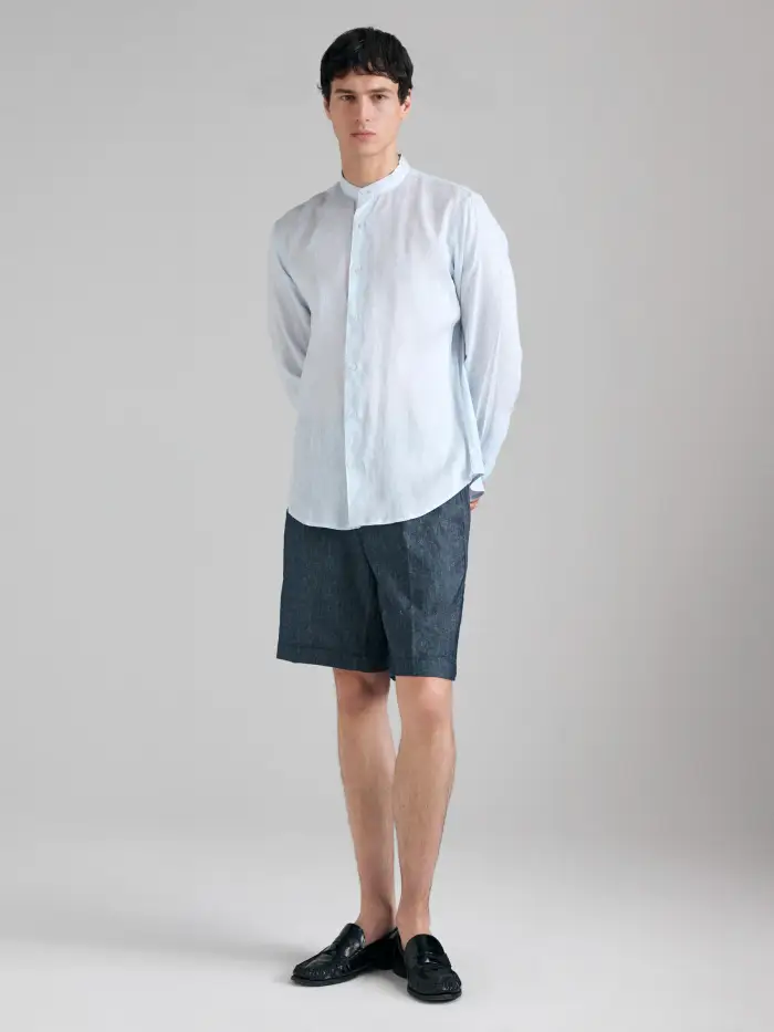 Sisley Camicia Alla Coreana In Puro Lino, Uomo, Blu Chiaro