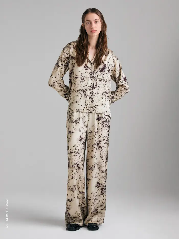 Sisley Camicia In Raso Stampato, Donna, Beige