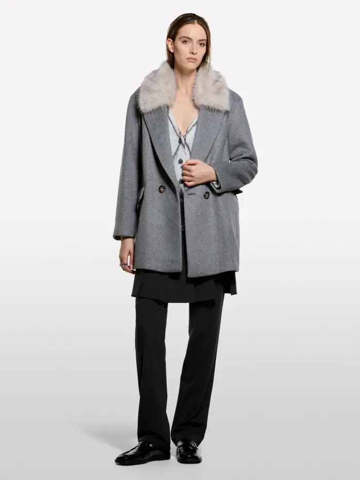 Sisley Cappotto Midi Con Collo A Contrasto, Donna, Grigio Chiaro