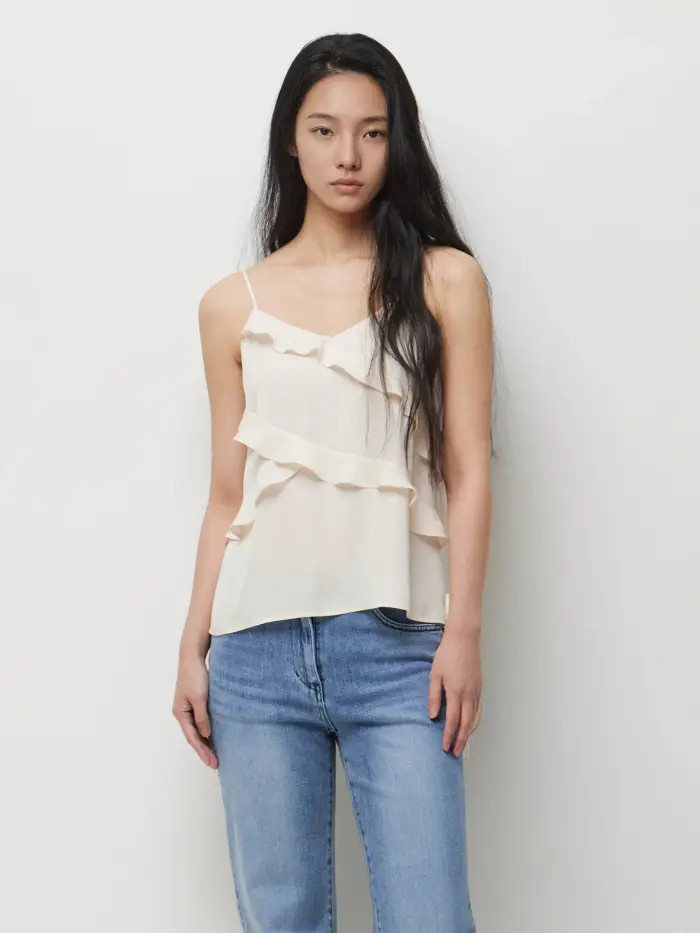 Sisley Top Con Rouches, Donna, Bianco Panna