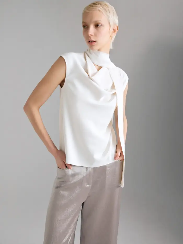Sisley Top Con Sciarpina, Donna, Bianco Panna