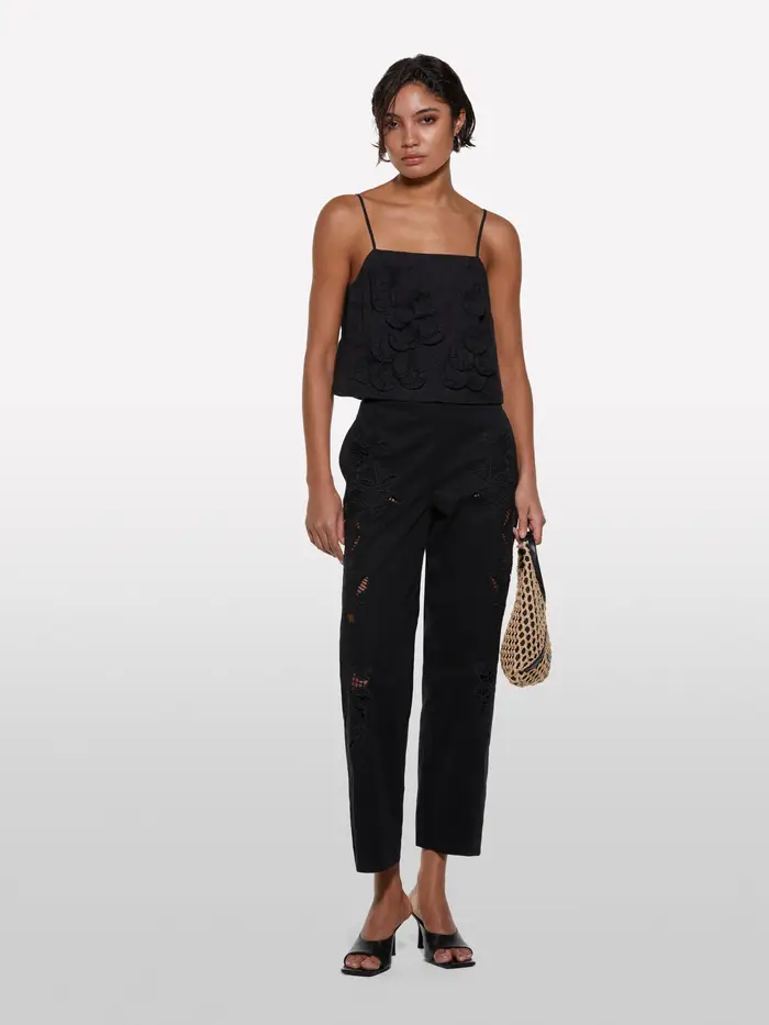 Top Cropped Nero Con Fiori, Donna, Nero