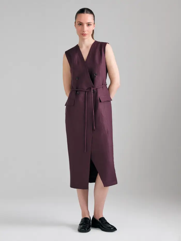 Sisley Vestito Doppiopetto In Lino, Donna, Marrone Scuro