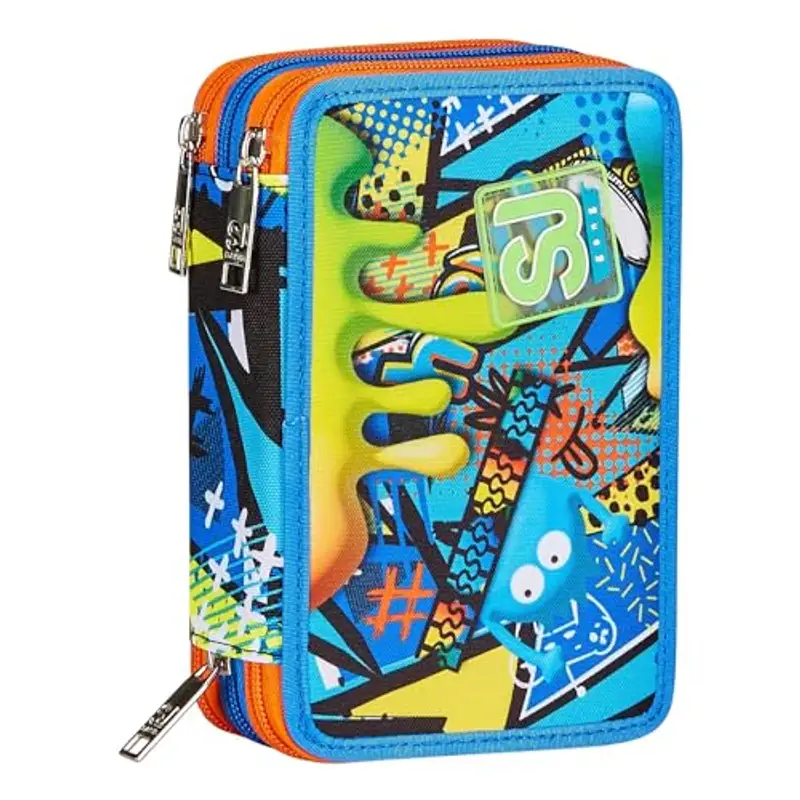 SJ Gang STYLE JAM GANG Astuccio Scuola 3 Zip, Blu, Sphere Full Boy, Portapenne Triplo Scomparto Completo Di Penne, Matite, Colori