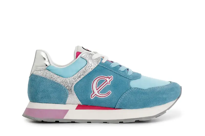 CafèNoir sneakers in pelle scamosciata e tessuto con riporti glitter celeste