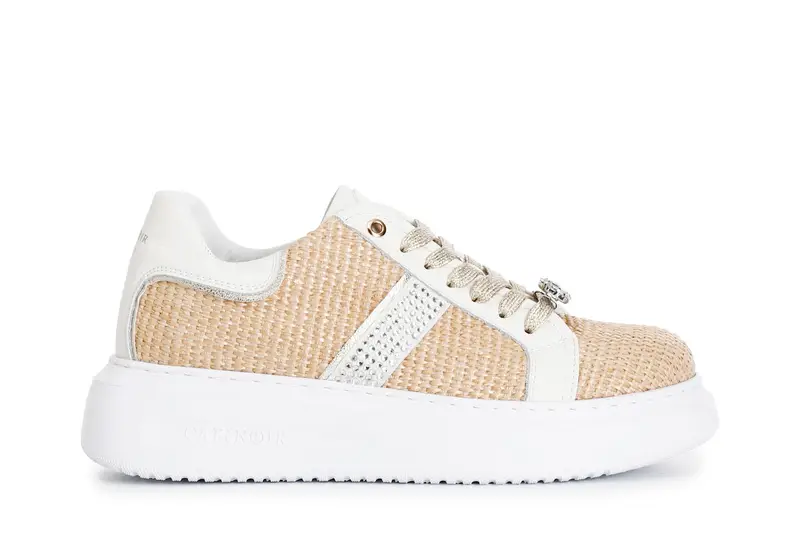 CafèNoir sneakers in rafia con strass laterali e accessori gioiello removibili beige