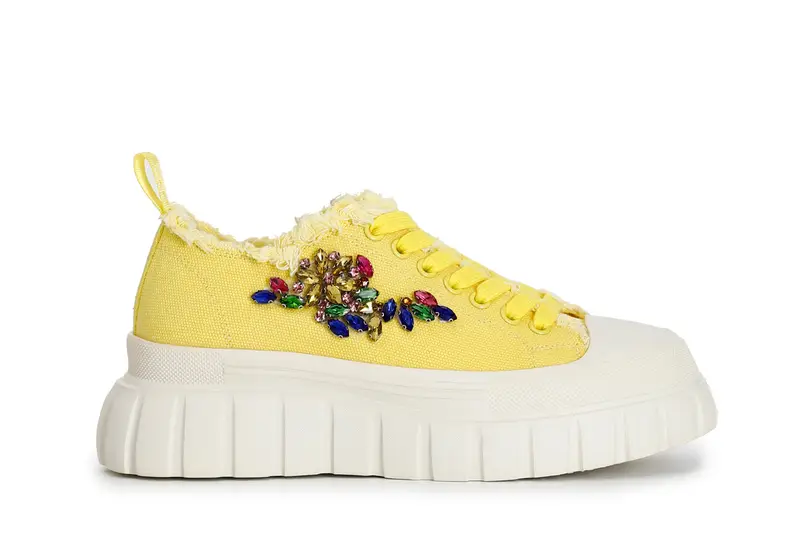 CafèNoir sneakers in tessuto sfrangiato e patch di strass giallo