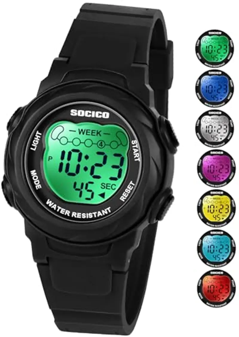 SOCICO Orologio digitale per bambini, resistente all'acqua 5ATM, orologio per illuminato a 7 colori con sveglia e cronometro per bambine e