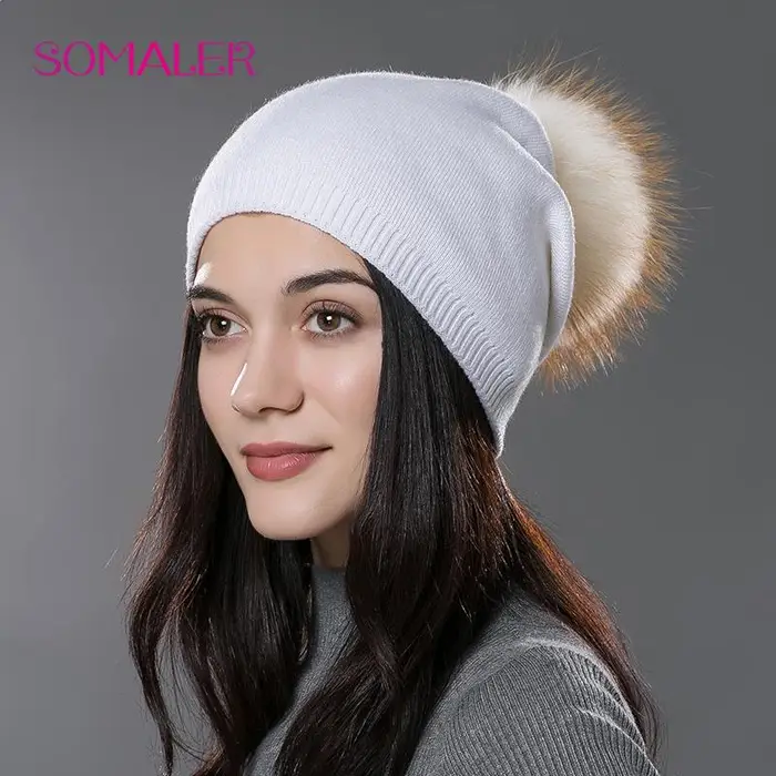 SOMALER Inverno donna vera pelliccia pom pom cappelli lana lavorata a maglia spessa calda foderata berretti moda donna bobble berretti da