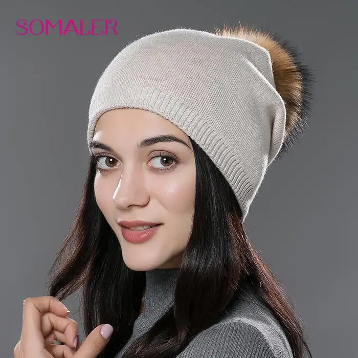 SOMALER Inverno donna vera pelliccia pom pom cappelli lana lavorata a maglia spessa calda foderata berretti moda donna bobble berretti da