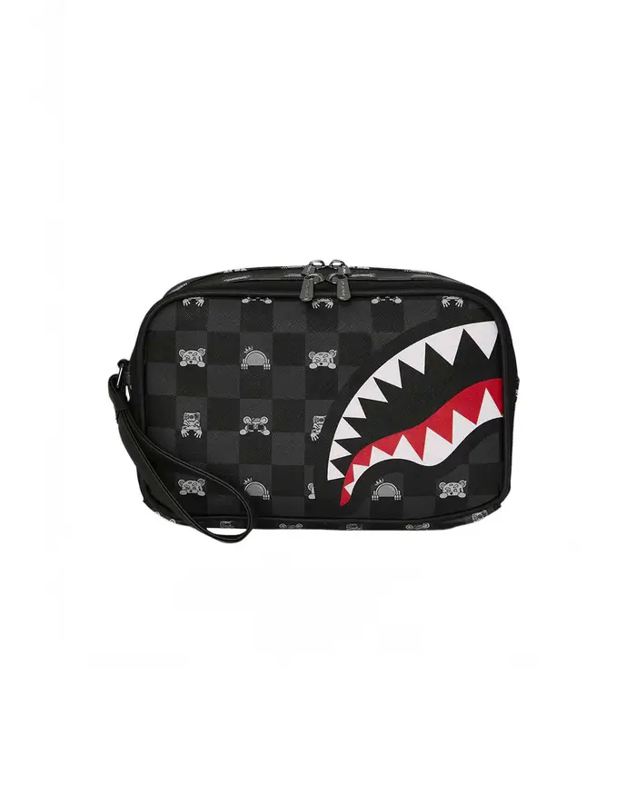 Sprayground Beauty case Gray Peeking Charact in similpelle con dettaglio a scacchi grigi e neri