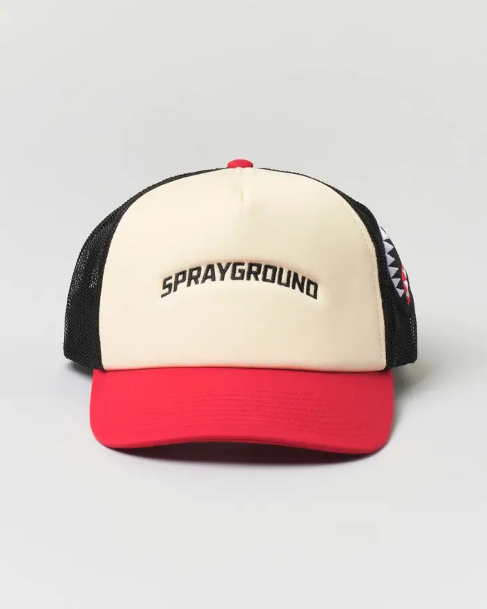 Berretto trucker panna rosso e nero in cotone con frontino e logo