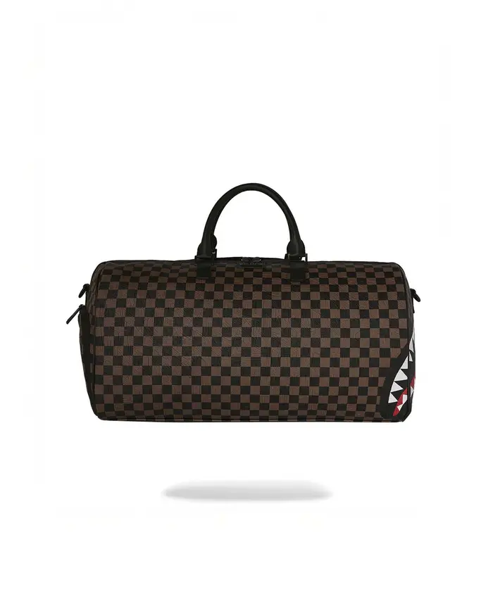 Sprayground Borsone Check 2 Emboss in similpelle con motivo a scacchi neri e marroni e fauci di squalo