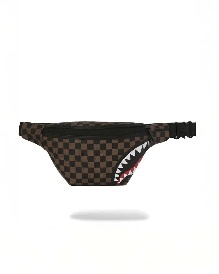 Sprayground Marsupio Check 2 Emboss in similpelle con motivo a scacchi neri e marroni e fauci di squalo
