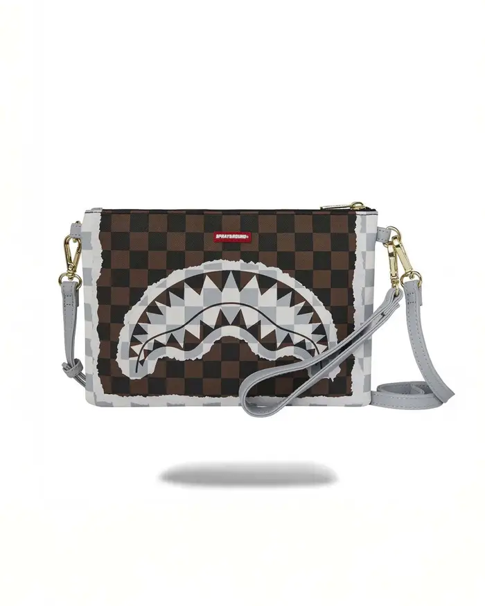 Sprayground Pochette Cream and Brown Tear Check in similpelle con motivo a scacchi marroni e neri