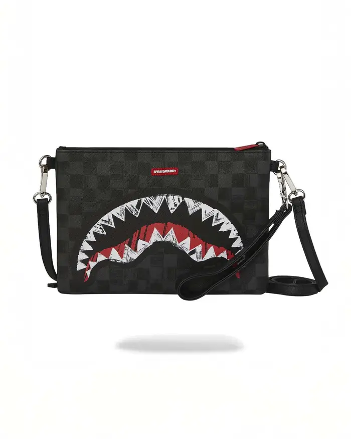Sprayground Pochette Scribble Shark in similpelle con motivo a scacchi neri e grigi