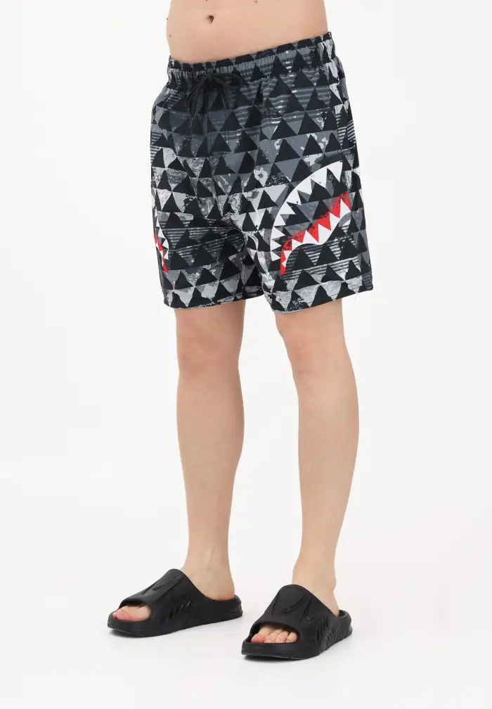 SPRAYGROUND Shorts mare PIXEL MOUTH nero, grigio e bianco da uomo