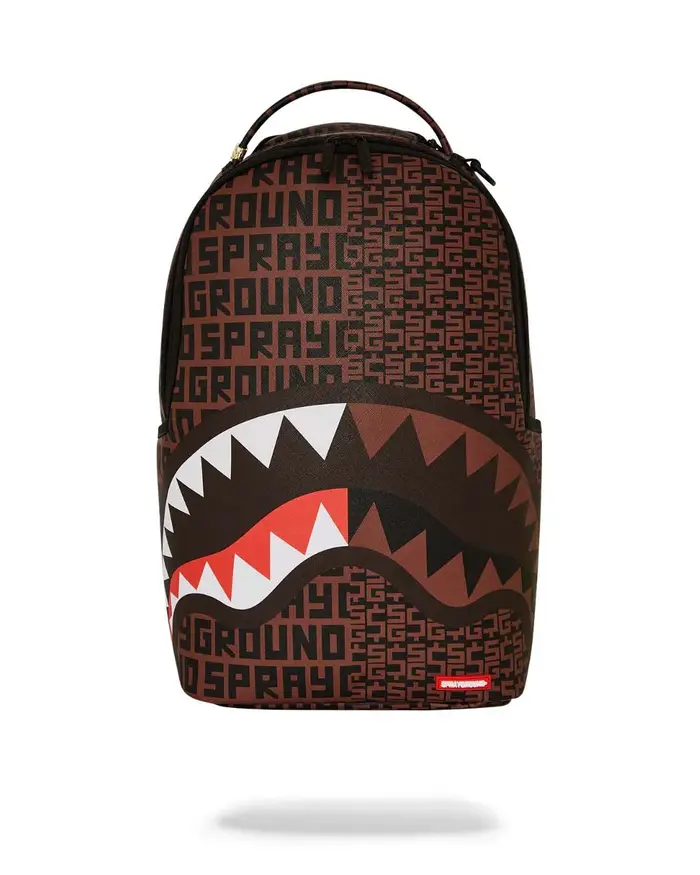 Sprayground Zaino Money Split Dlx in similpelle marrone con logo all over e fauci di squalo