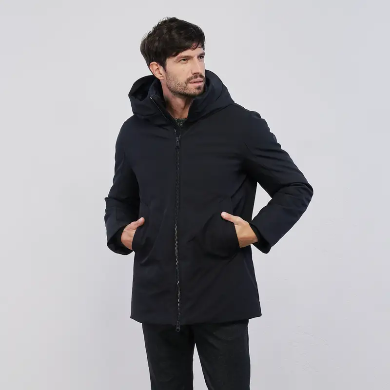 STATHAM Giacca blu da uomo con tasche, zip e cappuccio