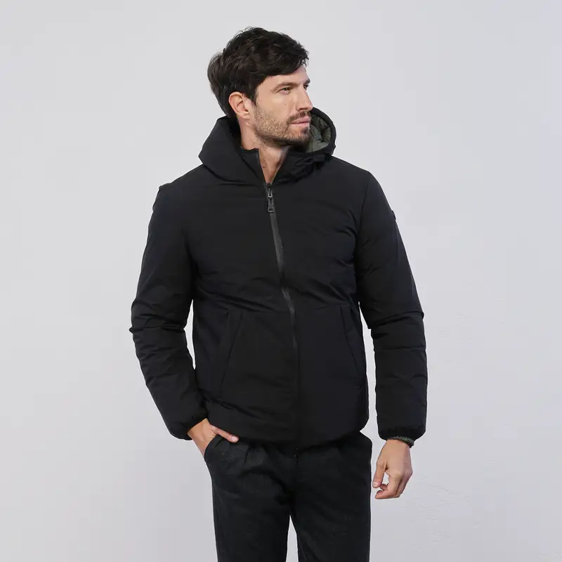 STATHAM Giacca corta nera da uomo con zip e cappuccio