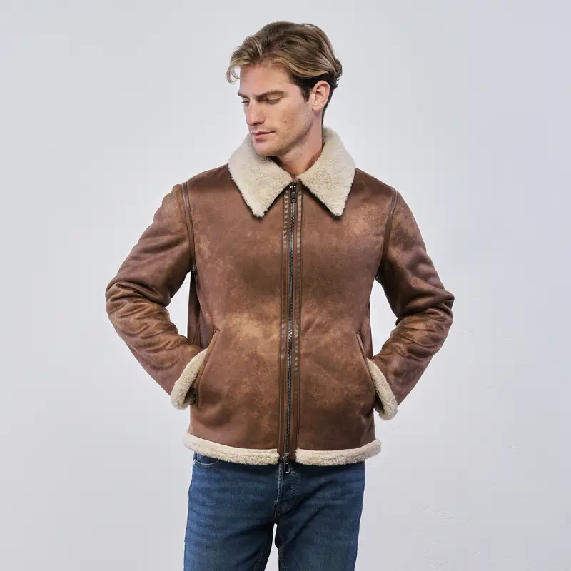 STATHAM Giacca marrone da uomo modello montone con interno in peluche