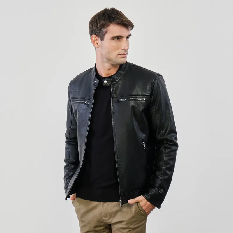 STATHAM Giacca nera da uomo in ecopelle con zip