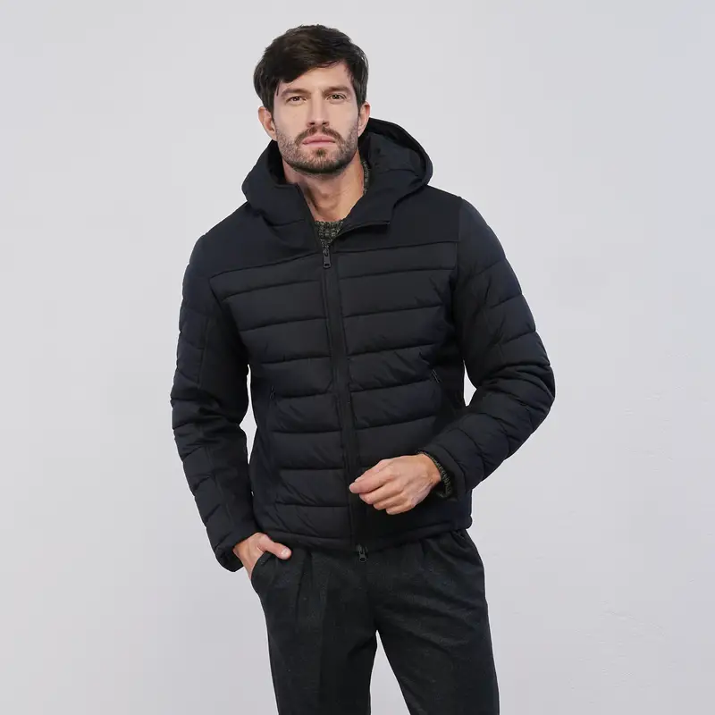 STATHAM Piumino nero da uomo con zip e cappuccio