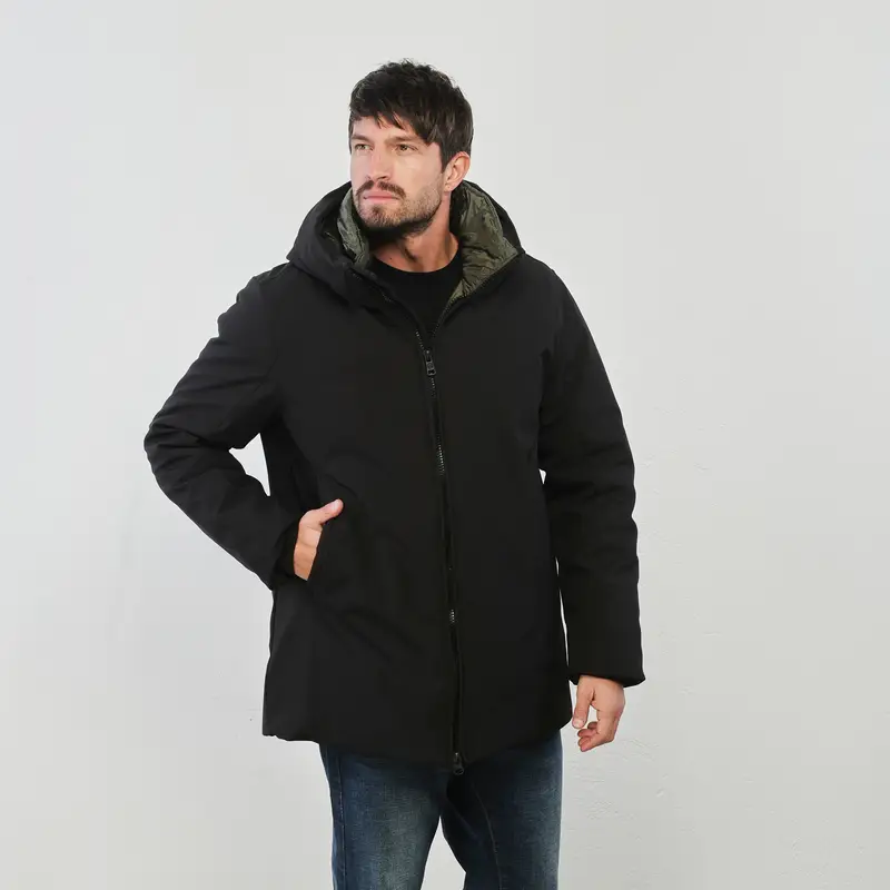 STATHAM Piumino nero liscio con cappuccio