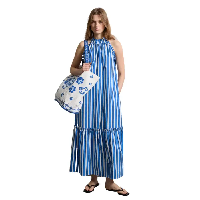 Robe lunga a righe con volant donna Stefanel Bleu