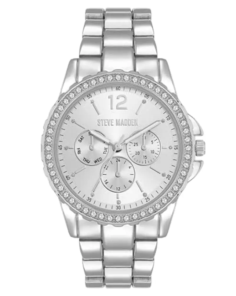 Steve Madden Orologio da donna con cinturino in vero cristallo, Argento