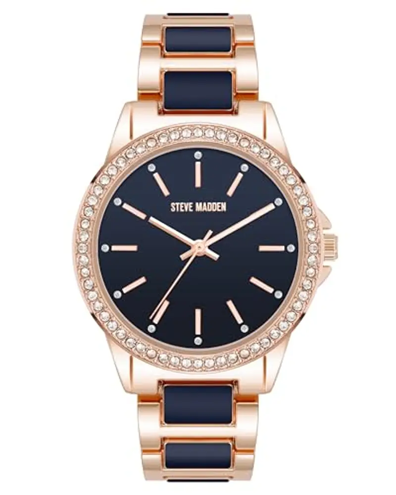 Steve Madden Orologio da donna con cinturino in vero cristallo, Blu navy/Oro rosa