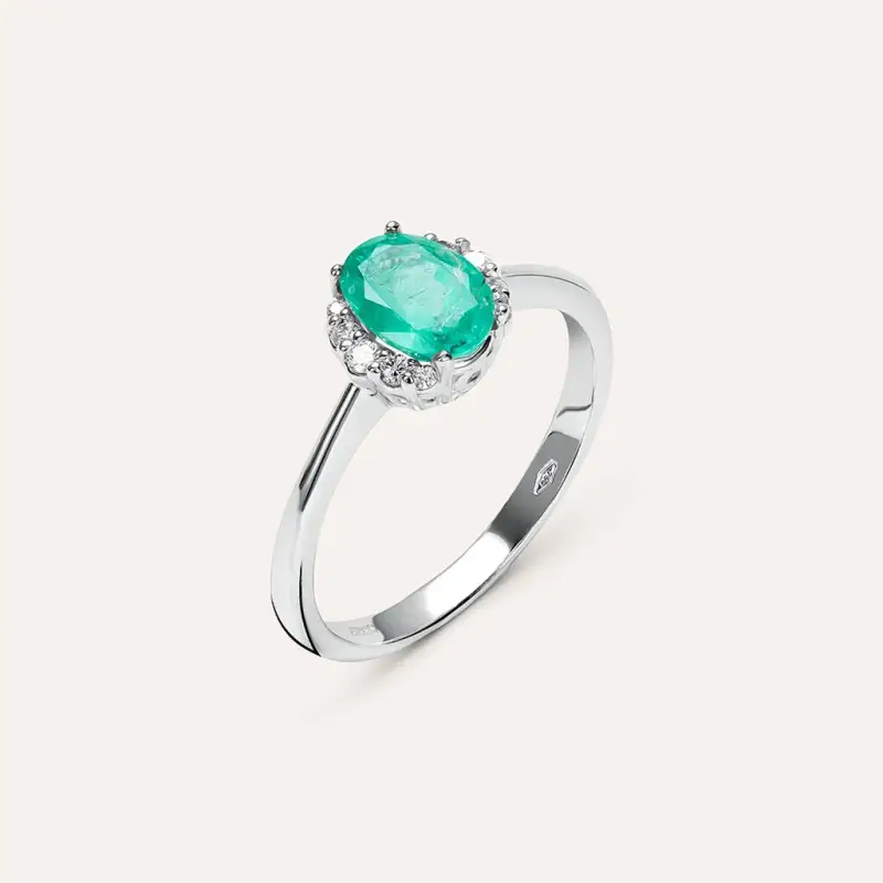 Stroili Anello Solitario Elizabeth Crown Oro Bianco Smeraldo Diamante