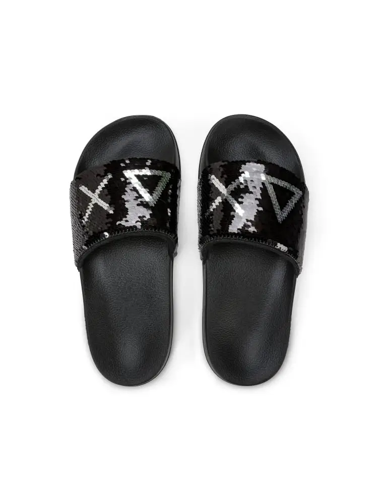 Sun68 ciabatte donna con paillettes nere logo argento/osa