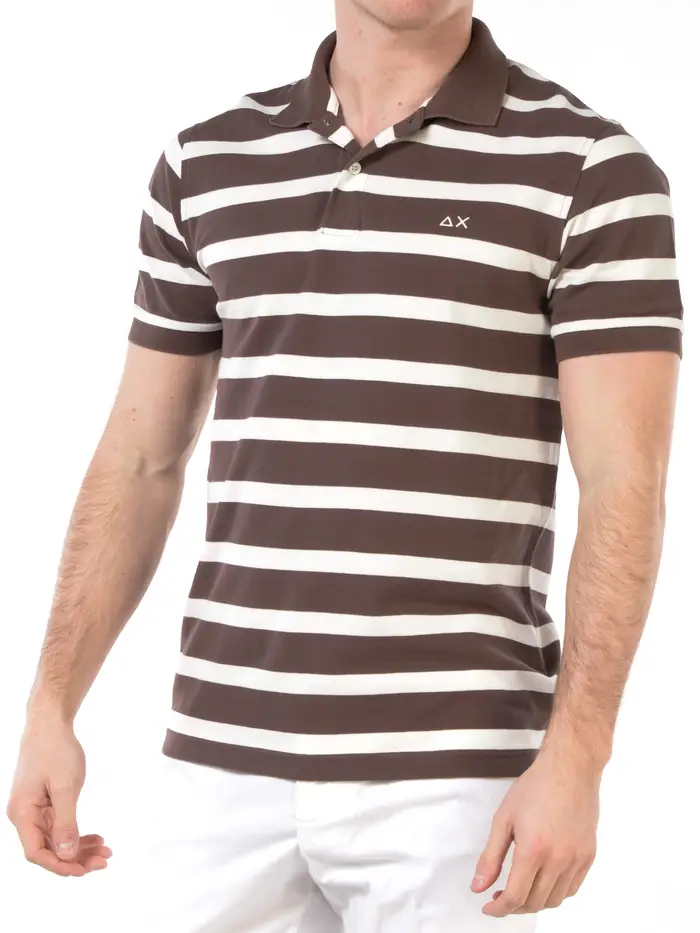 SUN68 polo da uomo a righe con logo MARRON