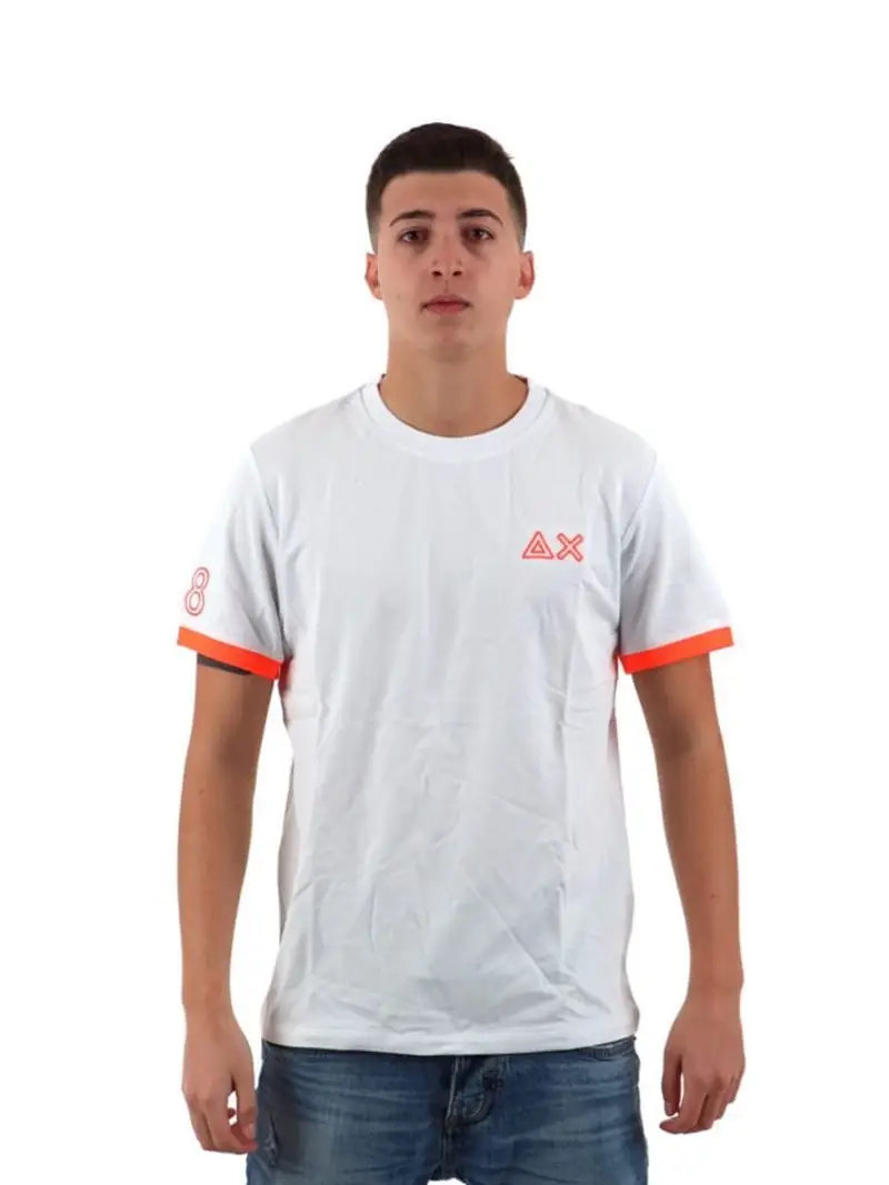 Sun68 tshirt bianca uomo in cotone con dettagli fluo logo sul petto