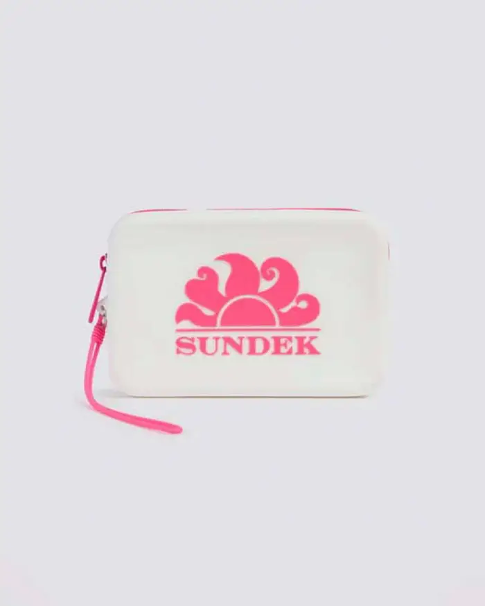 Mini pochette Sundek bianca in gomma con zip e logo a contrato di colore