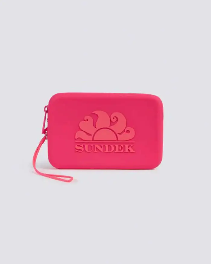 Mini pochette Sundek fucsia in gomma con zip e logo a contrato di colore