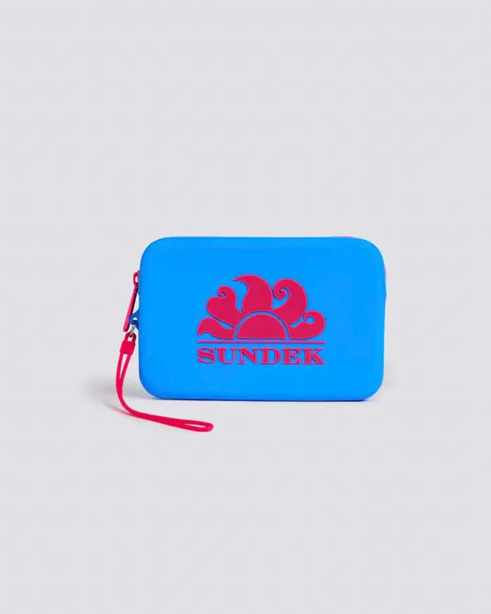 Mini pochette Sundek pervinca in gomma con zip e logo a contrato di colore