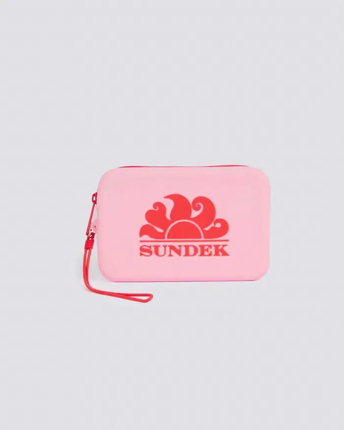 Mini pochette Sundek rosa in gomma con zip e logo a contrato di colore