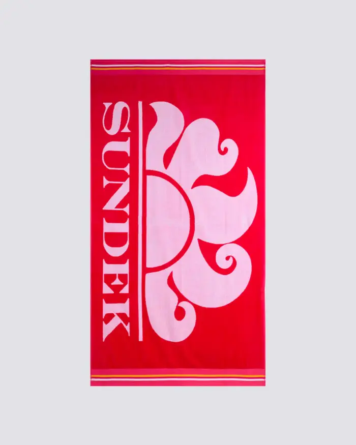 Telo mare Sundek rosa bubble con maxi logo a contrasto e profili arcobaleno