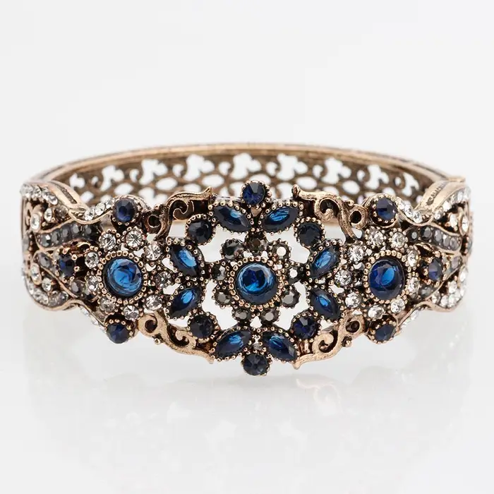 sunspicems jewelry Bracciale rigido vintage turco per donna Bracciale con fiore cavo strass color oro antico braccialetto gioielli da sposa