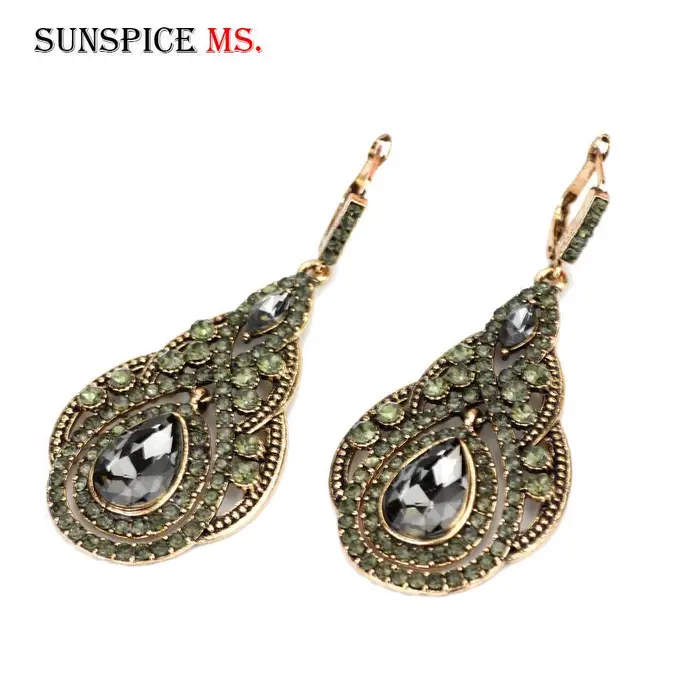 sunspicems jewelry Orecchini pendenti con gancio lungo con fiore in resina blu classico da donna turca Orecchini pendenti in vetro etnico