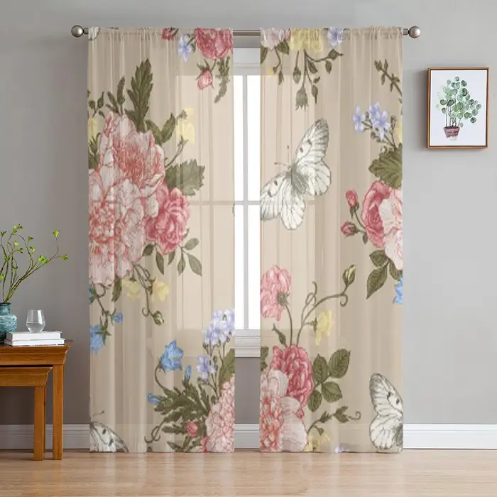 Bouquet Floreale di Fiori Colorati Tende Chiffon Trasparenti per Soggiorno Camera da Letto Cucina Decorazione Finestra Voiles Tenda Tulle 135W x 114H(cm)
