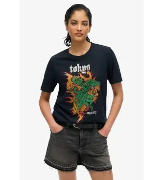 per donna W1011627A T-shirt vestibilità comoda con logo Vintage Tokyo in nero (L), Casual, Cotone, Manica corta