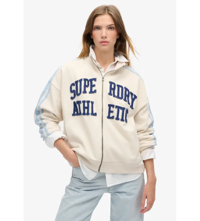 Superdry per donna W2012163A Felpa con zip larga Athletic Applq beige, Casual, Cotone