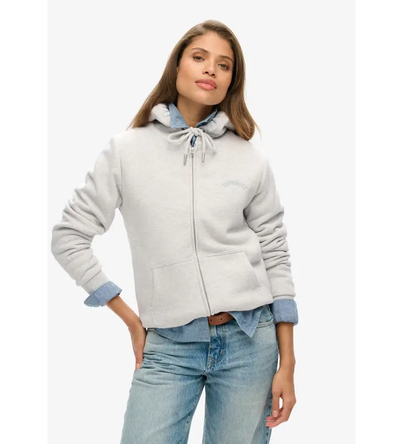 Superdry per donna W2012323A Felpa con cappuccio e cerniera foderata in pile Borg, grigia, Casual, Grigio, Cotone