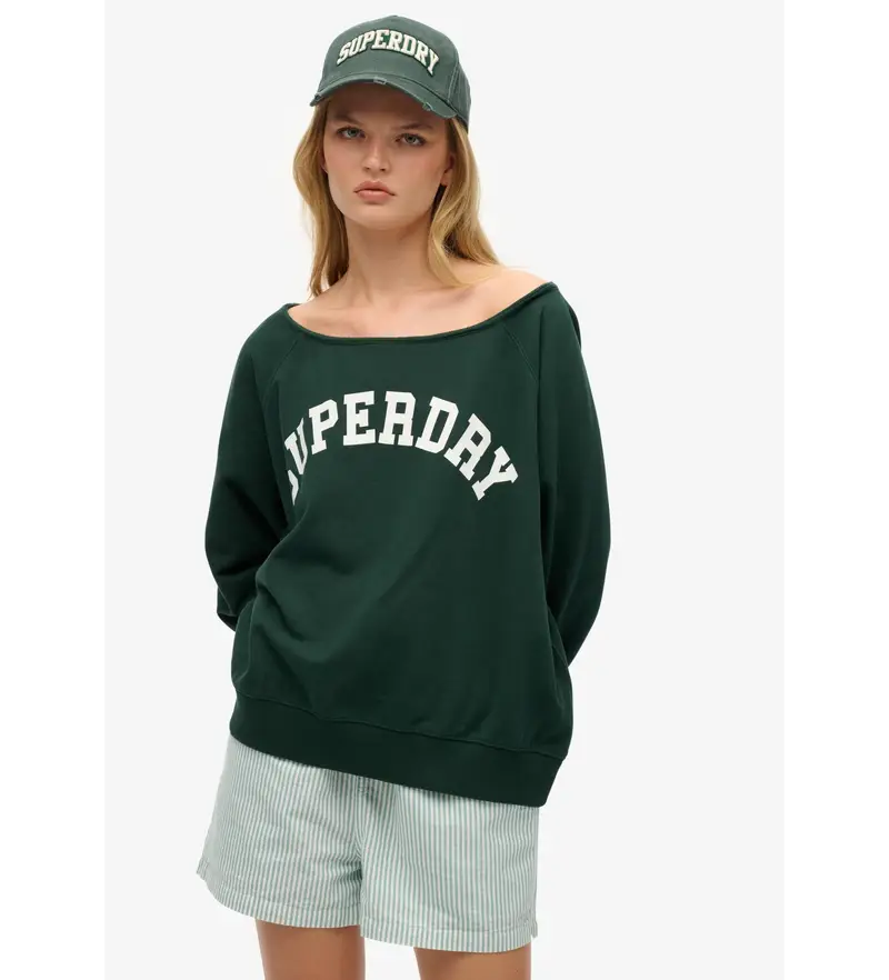 Superdry per donna. W2012424A Felpa verde Athletic Essential Bardot, Casual, Cotone